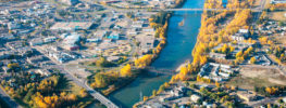 Aerial view of Red Deer with river and autumn foliage