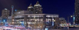 Mississauga skyline at night with illuminated towers