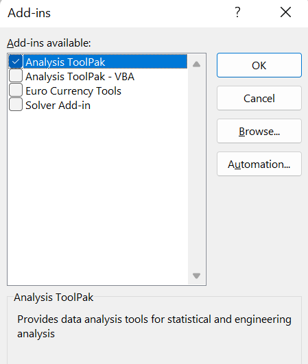 Analysis ToolPak in excel