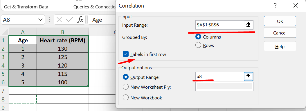 process of finding correlation in excel