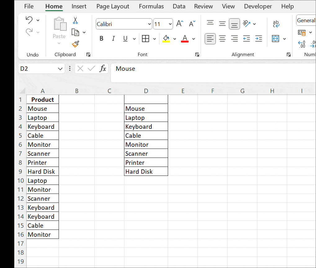 unique values show example excel