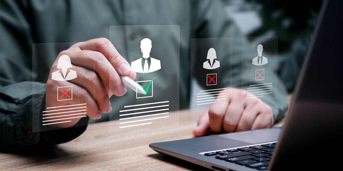 A hiring manager selecting a new employee by reviewing LinkedIn profiles to find the perfect fit for their organization.
