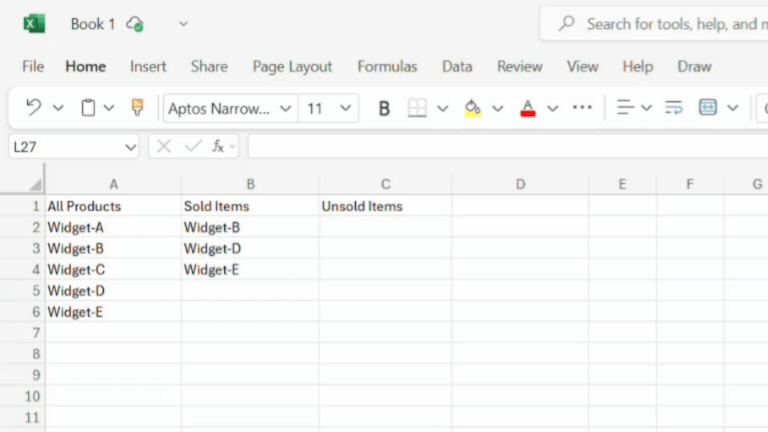 Excel dynamic array FILTER formula in cell D2 automatically spilling unsold inventory results, comparing all products against sold items list