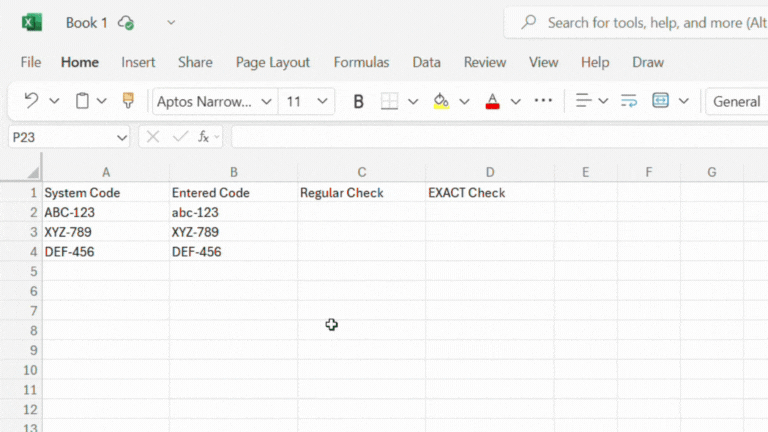 Excel EXACT function comparing product codes ABC-123 and abc-123, showing case-sensitive validation with Invalid and Valid results