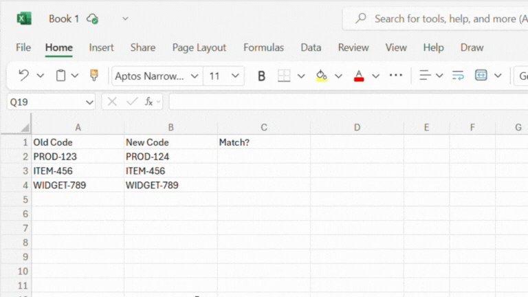 Excel spreadsheet showing =A2=B2 formula comparing product codes in columns A and B, returning TRUE and FALSE results in column C