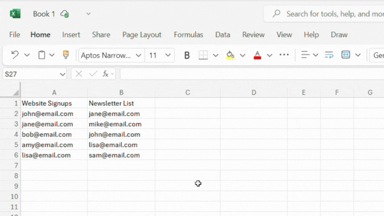 Excel spreadsheet using Conditional Formatting Duplicate Values rule to visually compare two email lists, with john@email.com and jane@email.com highlighted green in both columns