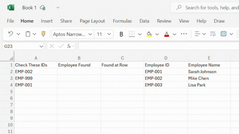 Excel XLOOKUP formula searching employee IDs and returning names from lookup table, showing Mike Chen found and Not in system for missing ID
