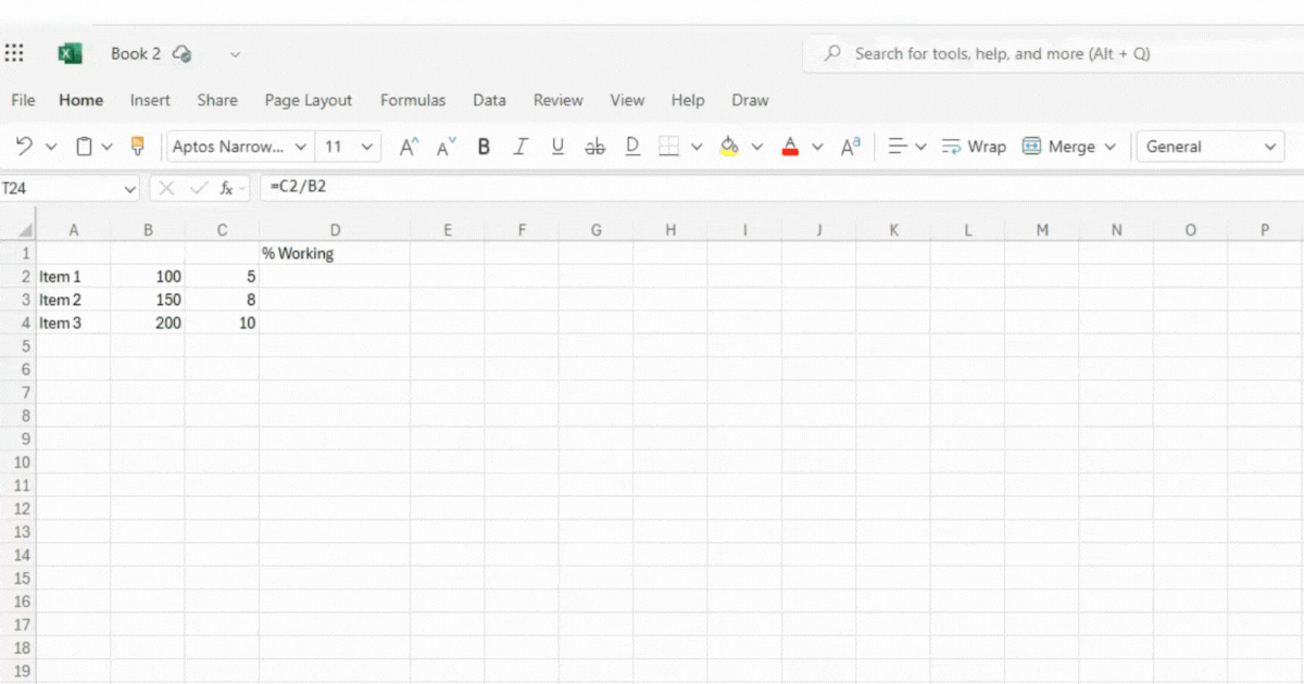 calculating percentage in excel Excel spreadsheet calculating percentage of working items using formula C2 divided by B2 with percentage formatting